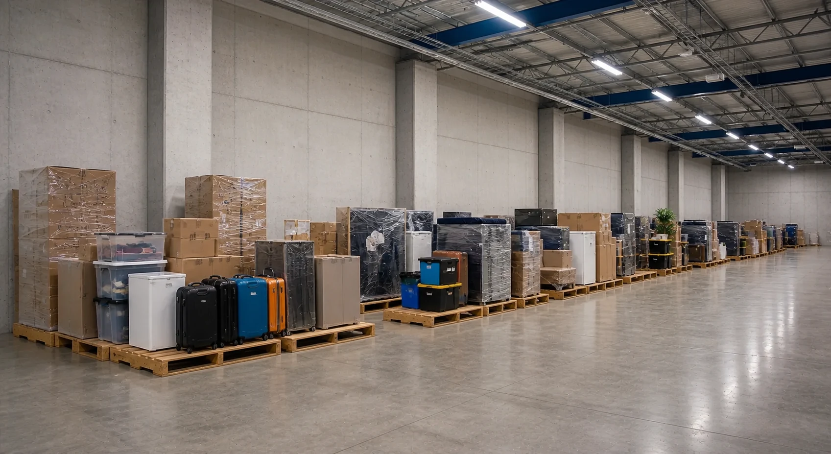 Open warehouse area with organised business stock on pallets