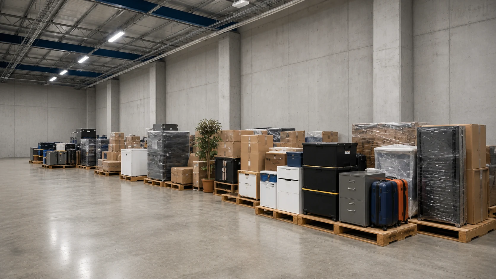 Organised concrete warehouse with business stock