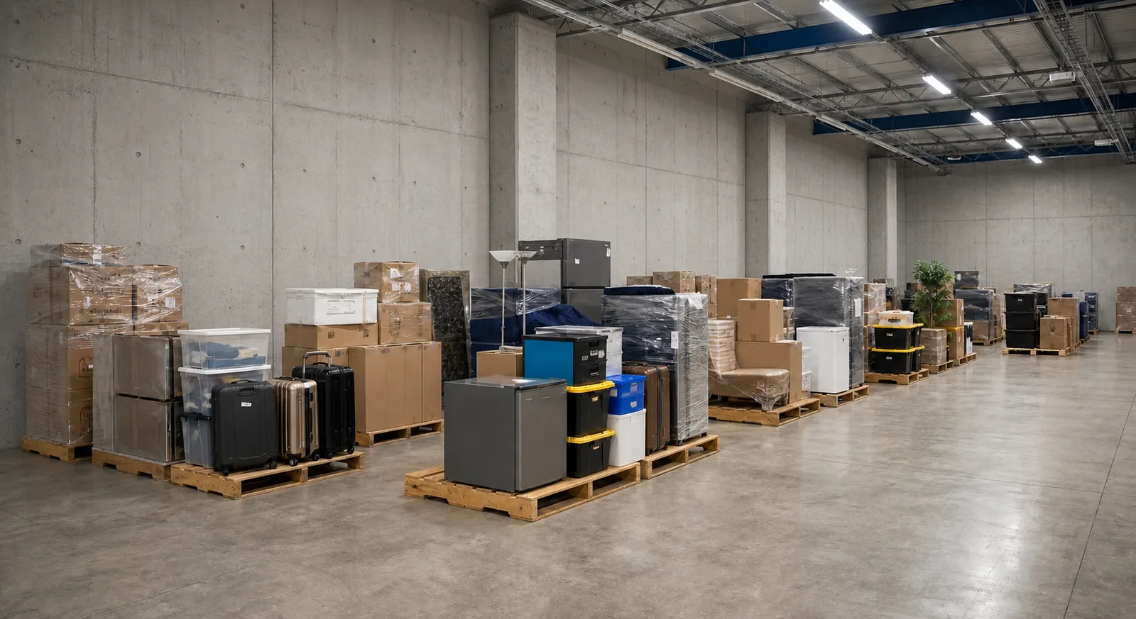 Open FREE SPACE storage with furniture, appliances and boxes on pallets