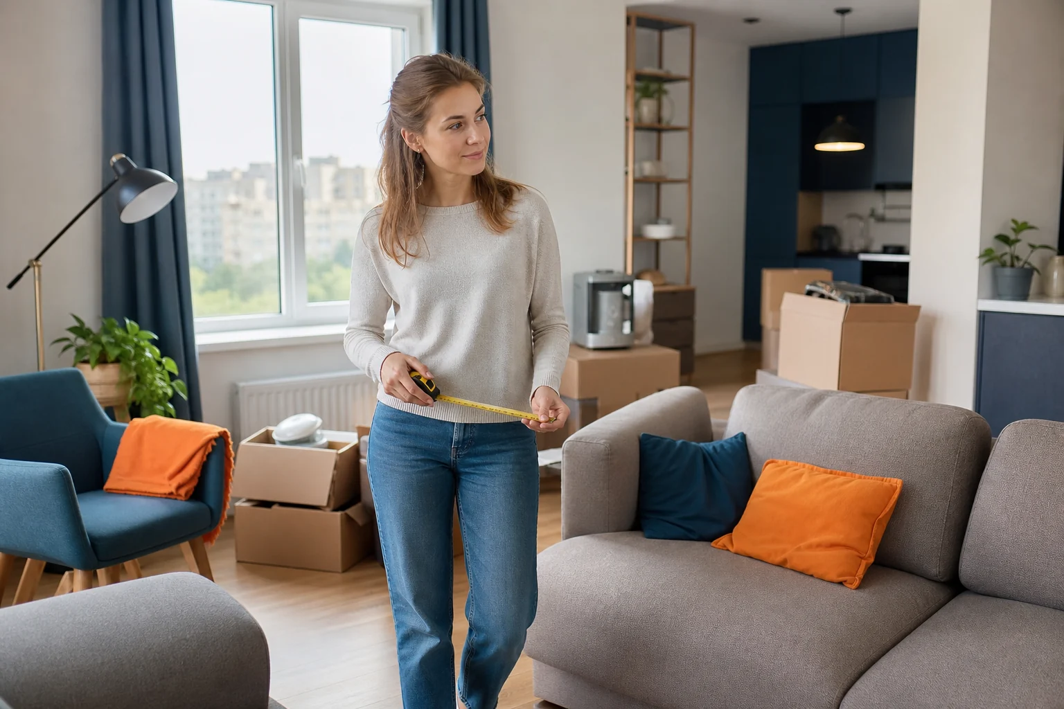 Woman measuring apartment furniture before moving belongings into a ROOM unit