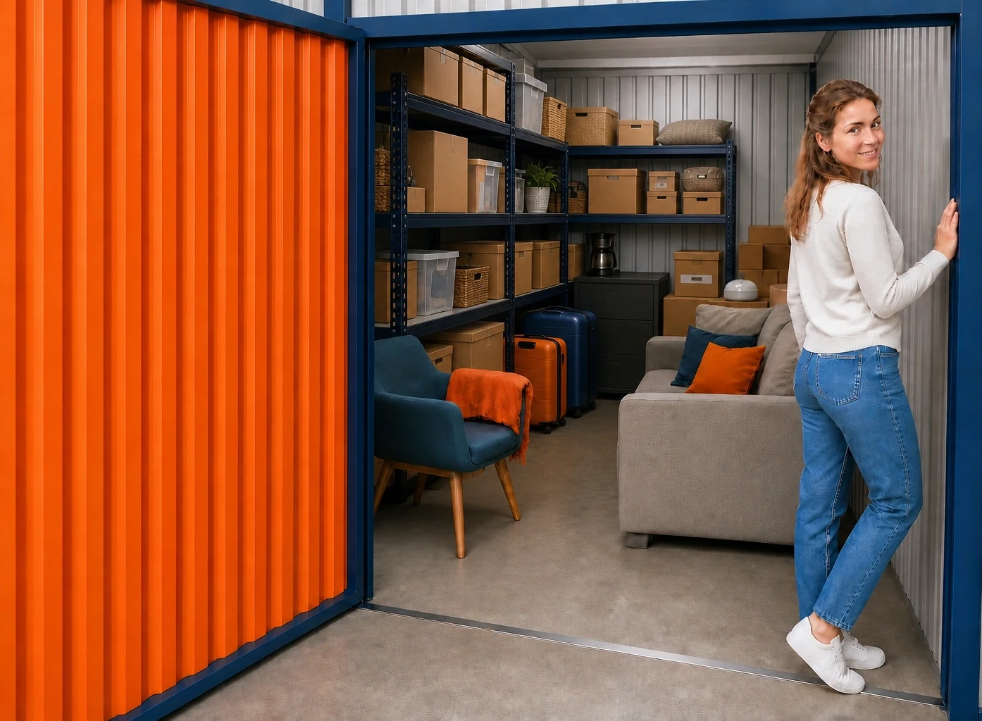 A filled ROOM with furniture, boxes, shelving and a large door