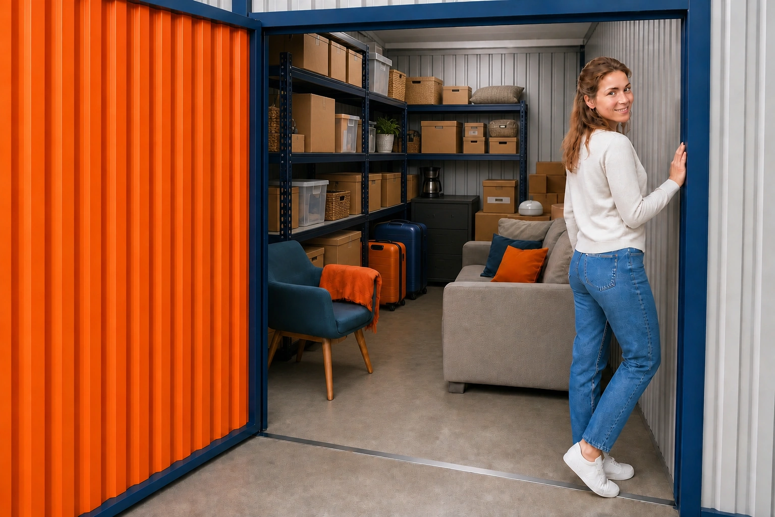 A filled ROOM with a large door, shelving and a clear aisle